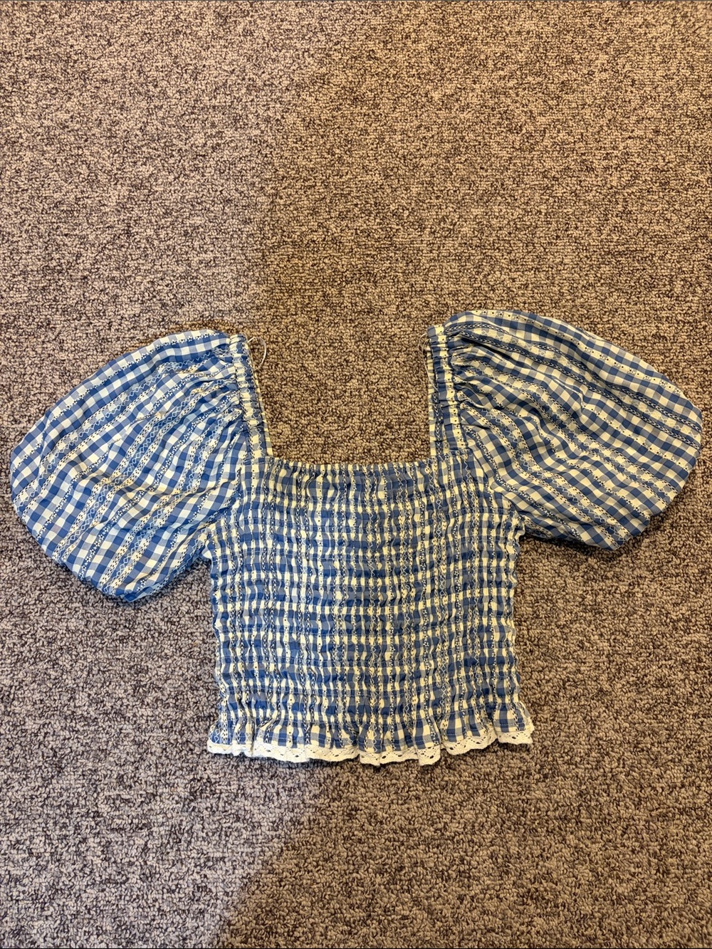 English Factory Blue Gingham Puff-Sleeve Smocked Crop Top with Lace Trim